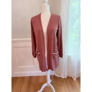 NWT Blu Pepper Cozy Life Ribbed Open Front Cardigan Dusty Rose Lace Trim Small